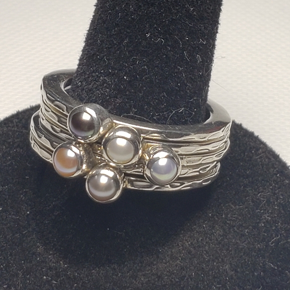 Five Colored Pearl Stacking Silver Rings Set 925 - Picture 2 of 6